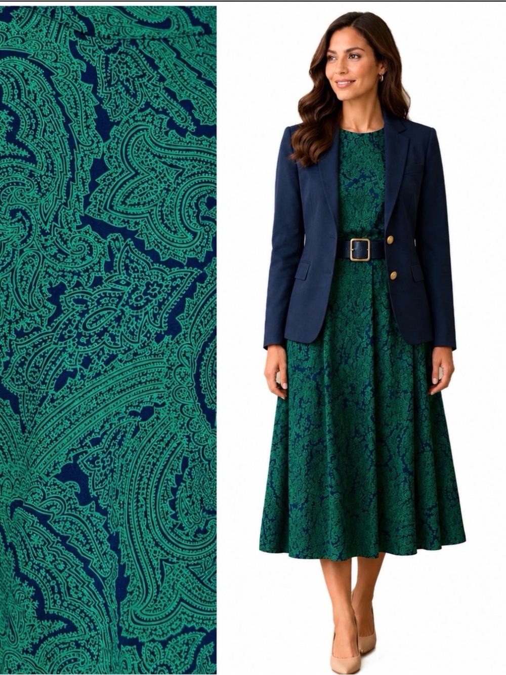 J.G. Hook, Vintage Green and Navy Paisley Patterned 2 piece Dress, Size 10